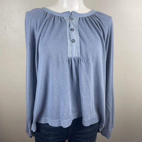 Free People We The Free Blue Acadia Henley Peasant Top Size XS Oversized Flowy - Picture 1 of 12